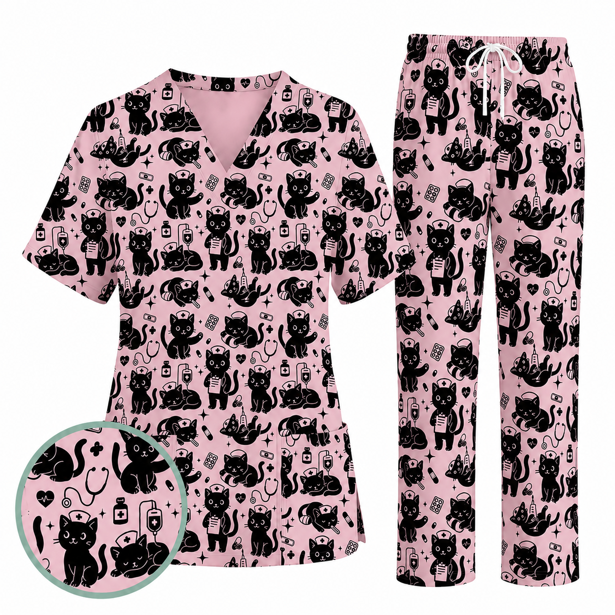 Funny Cat Pattern Scrub, Cute Black Cat Nurse Pattern Scrub Top, Breathable Fabrics Nursing Uniform