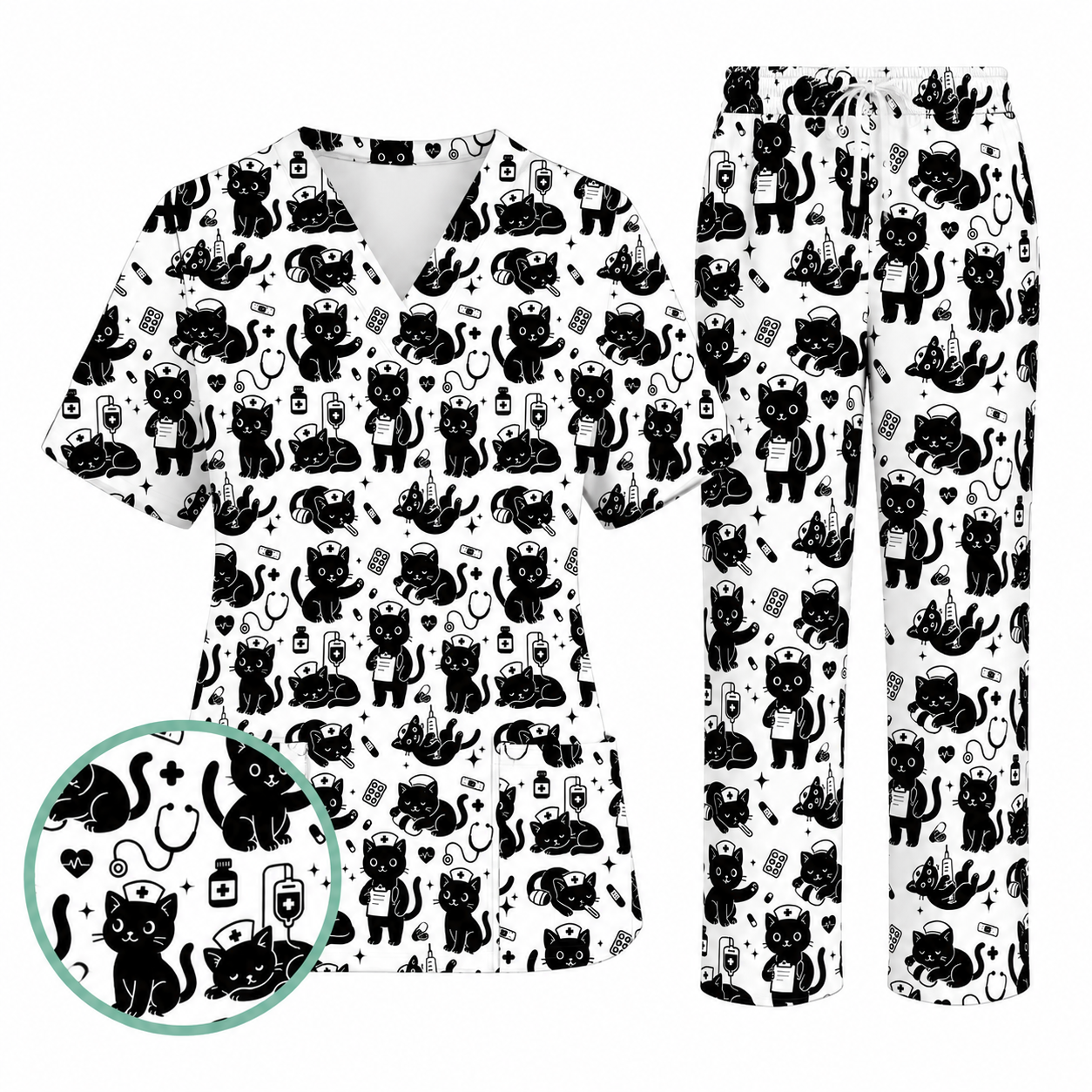 Funny Cat Pattern Scrub, Cute Black Cat Nurse Pattern Scrub Top, Breathable Fabrics Nursing Uniform