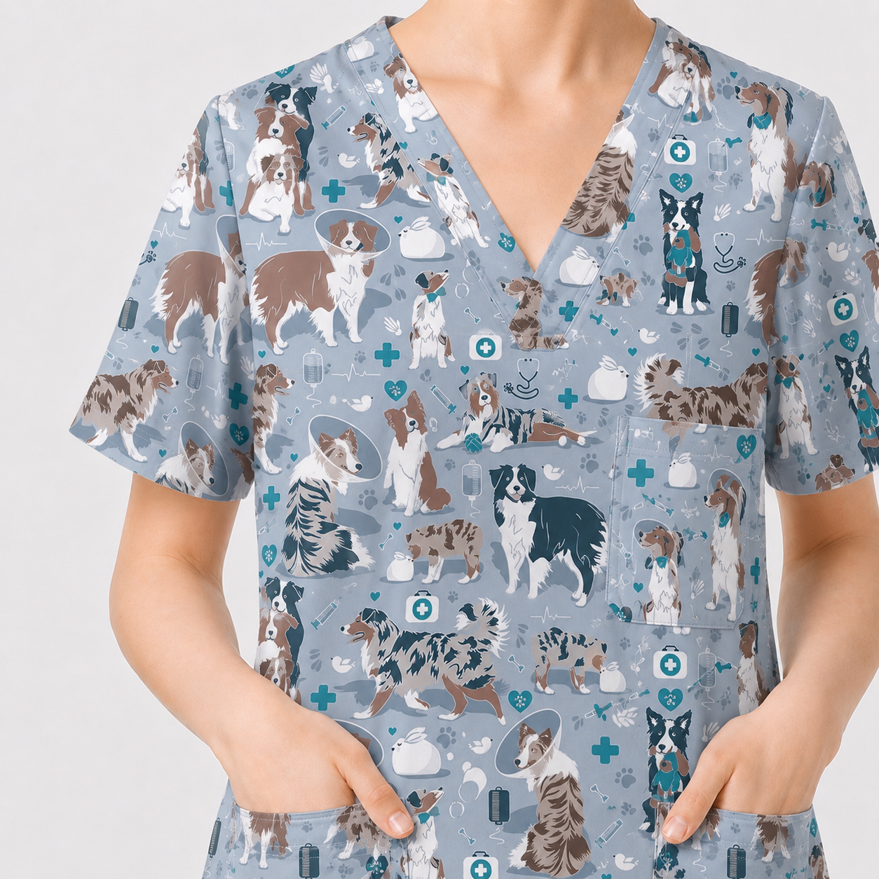 Cute Dog Pattern Veterinary Scrub Top, Breathable Fabrics Nursing Uniform, Gift For Nursing