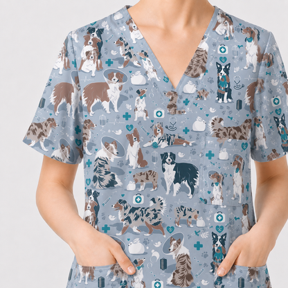 Cute Dog Pattern Veterinary Scrub Top, Breathable Fabrics Nursing Uniform, Gift For Nursing