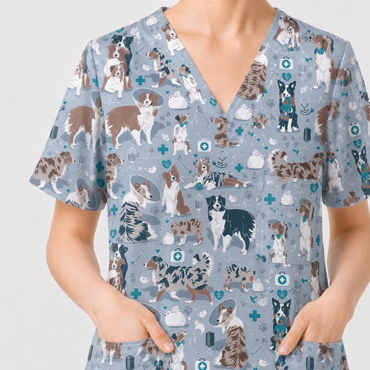 Cute Dog Pattern Veterinary Scrub Top, Breathable Fabrics Nursing Uniform, Gift For Nursing