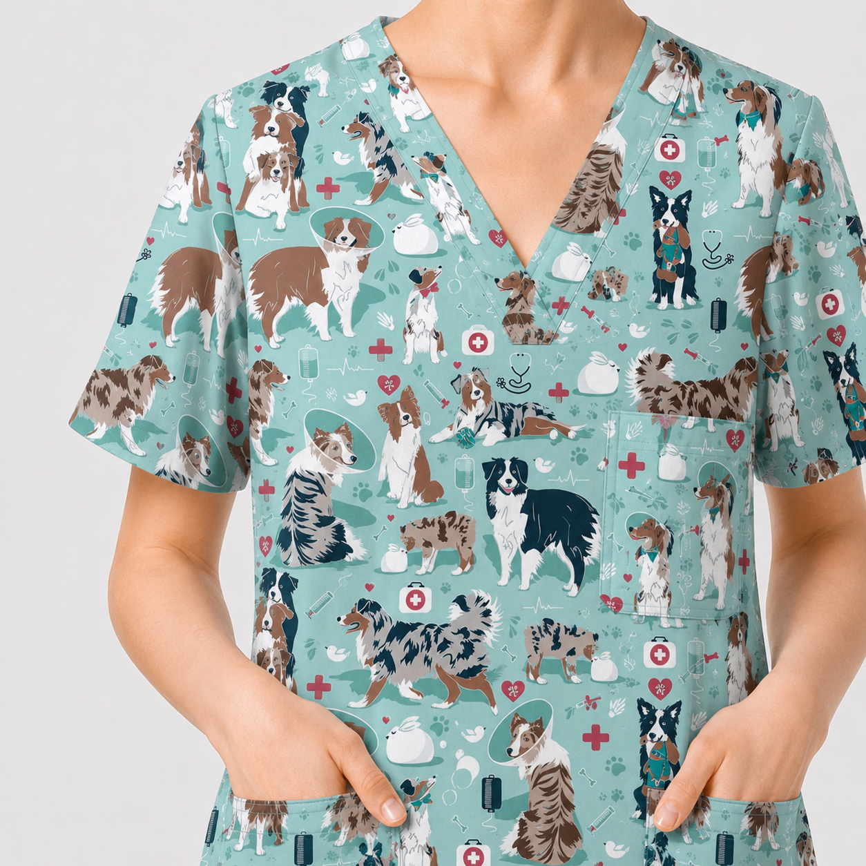 Cute Dog Pattern Veterinary Scrub Top, Breathable Fabrics Nursing Uniform, Gift For Nursing