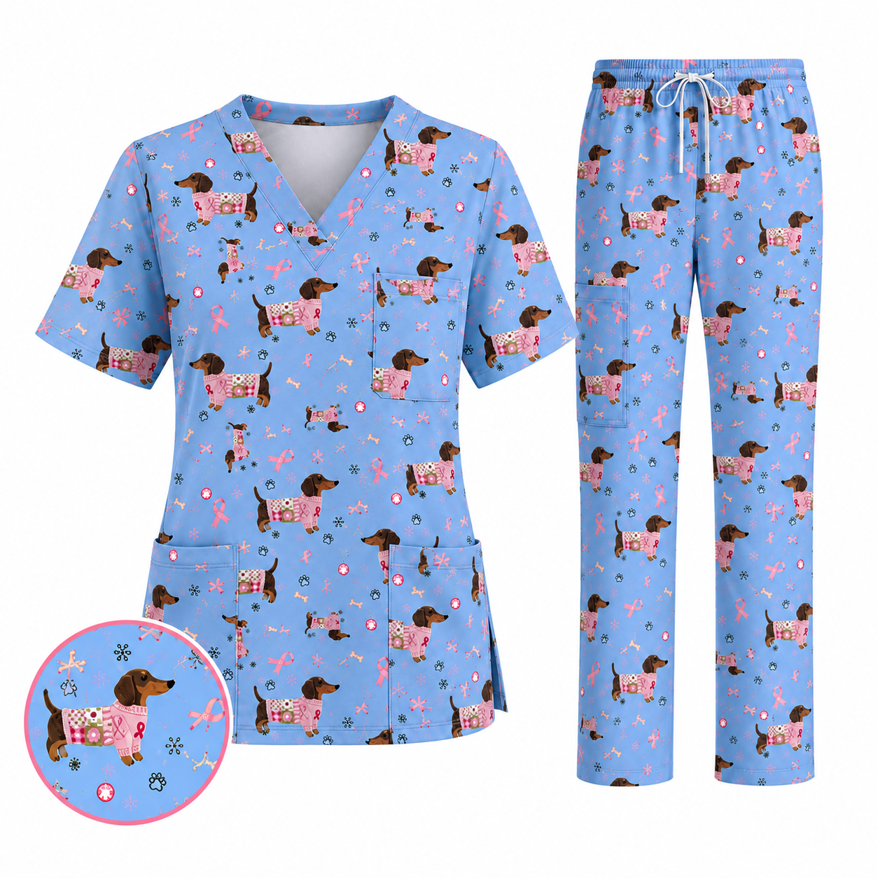 Pink Dachshund Breast Cancer Scrub Top, Puppy Dog Ribbon Nurse Shirt, Wiener Support Fight Cancer Medical Uniform Gift