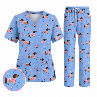 Pink Dachshund Breast Cancer Scrub Top, Puppy Dog Ribbon Nurse Shirt, Wiener Support Fight Cancer Medical Uniform Gift