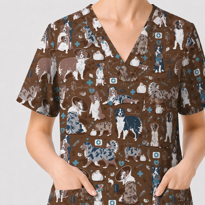 Cute Dog Pattern Veterinary Scrub Top, Breathable Fabrics Nursing Uniform, Gift For Nursing