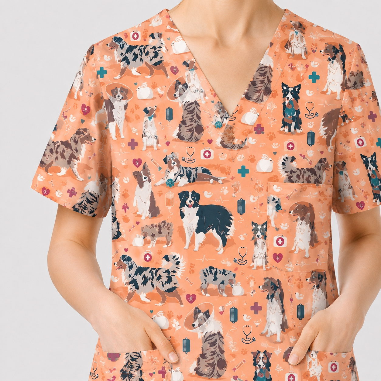 Cute Dog Pattern Veterinary Scrub Top, Breathable Fabrics Nursing Uniform, Gift For Nursing