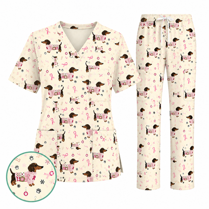 Pink Dachshund Breast Cancer Scrub Top, Puppy Dog Ribbon Nurse Shirt, Wiener Support Fight Cancer Medical Uniform Gift