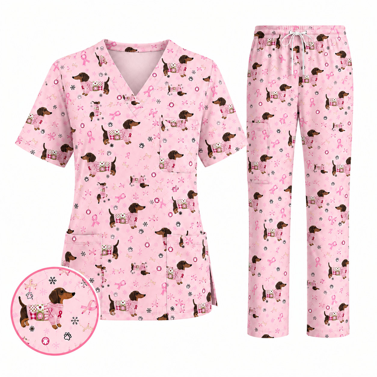 Pink Dachshund Breast Cancer Scrub Top, Puppy Dog Ribbon Nurse Shirt, Wiener Support Fight Cancer Medical Uniform Gift
