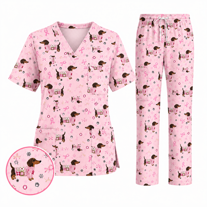 Pink Dachshund Breast Cancer Scrub Top, Puppy Dog Ribbon Nurse Shirt, Wiener Support Fight Cancer Medical Uniform Gift