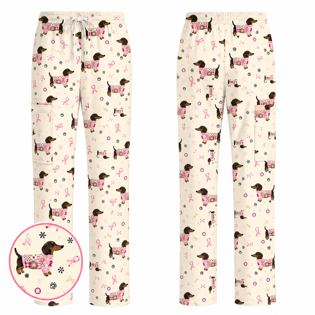 Pink Dachshund Breast Cancer Scrub Top, Puppy Dog Ribbon Nurse Shirt, Wiener Support Fight Cancer Medical Uniform Gift