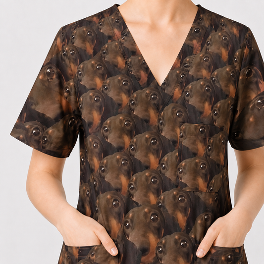 Funny Dachshund Scrub Shirt, Wiener Dog Face Scrub Top for Women, Cute Animal Scrubs Gift for Nurse, CNA, RN, Doctor