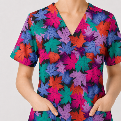 Autumn Maple Leaves Scrub Top for Women, Colorful Fall Nursing Uniform, Breathable Autumn Medical Scrub Shirt