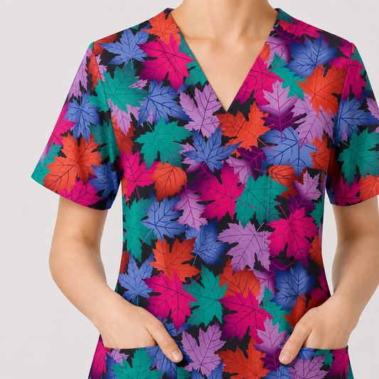 Autumn Maple Leaves Scrub Top for Women, Colorful Fall Nursing Uniform, Breathable Autumn Medical Scrub Shirt