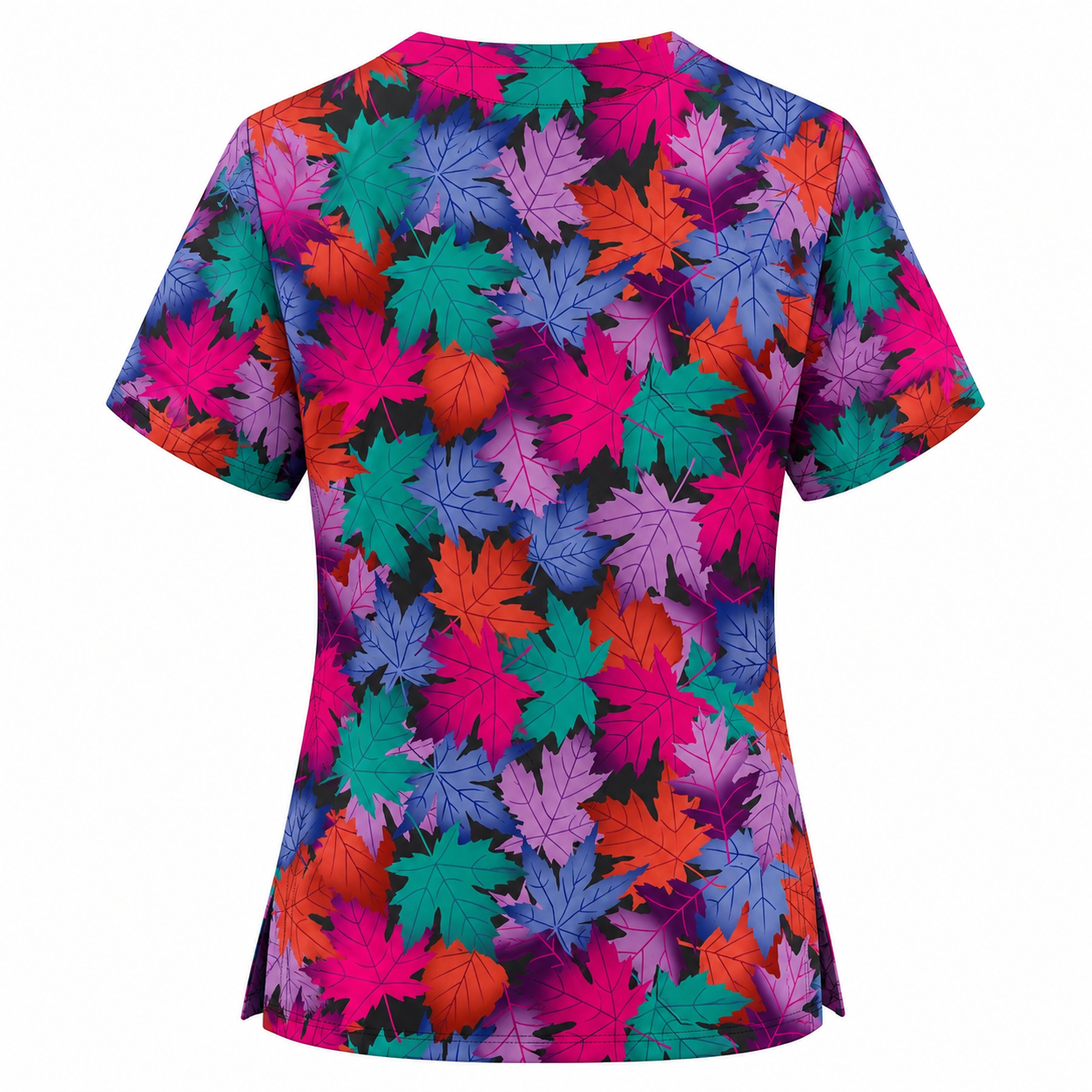Autumn Maple Leaves Scrub Top for Women, Colorful Fall Nursing Uniform, Breathable Autumn Medical Scrub Shirt