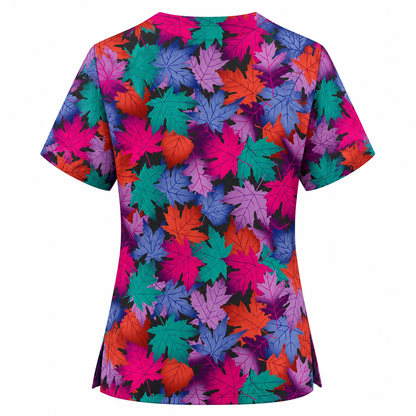 Autumn Maple Leaves Scrub Top for Women, Colorful Fall Nursing Uniform, Breathable Autumn Medical Scrub Shirt
