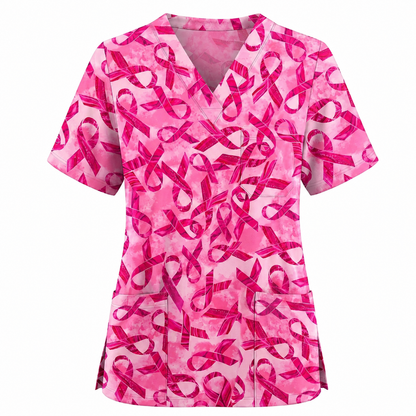 Breast Cancer Awareness Scrub Top for Women, Pink Ribbon Nursing Uniform, Support Breast Cancer Month Gift