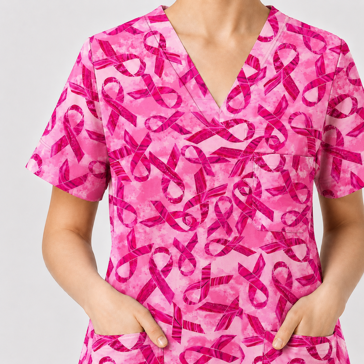Breast Cancer Awareness Scrub Top for Women, Pink Ribbon Nursing Uniform, Support Breast Cancer Month Gift