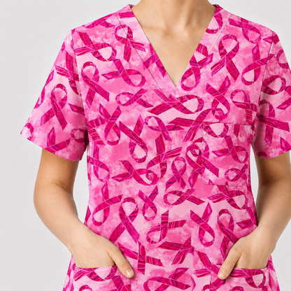 Breast Cancer Awareness Scrub Top for Women, Pink Ribbon Nursing Uniform, Support Breast Cancer Month Gift