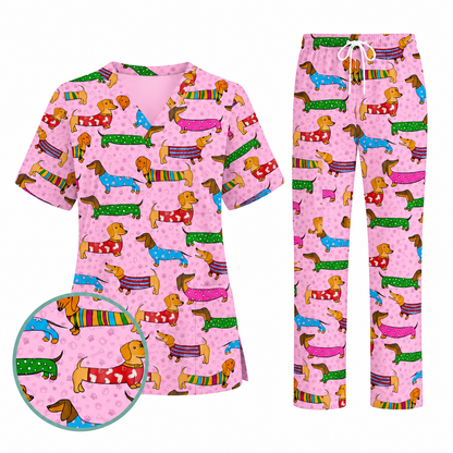Dachshund Dog Scrub Top, Funny Wiener Dog Scrubs For Nursing, RN LPN CNA Healthcare Workers Gift