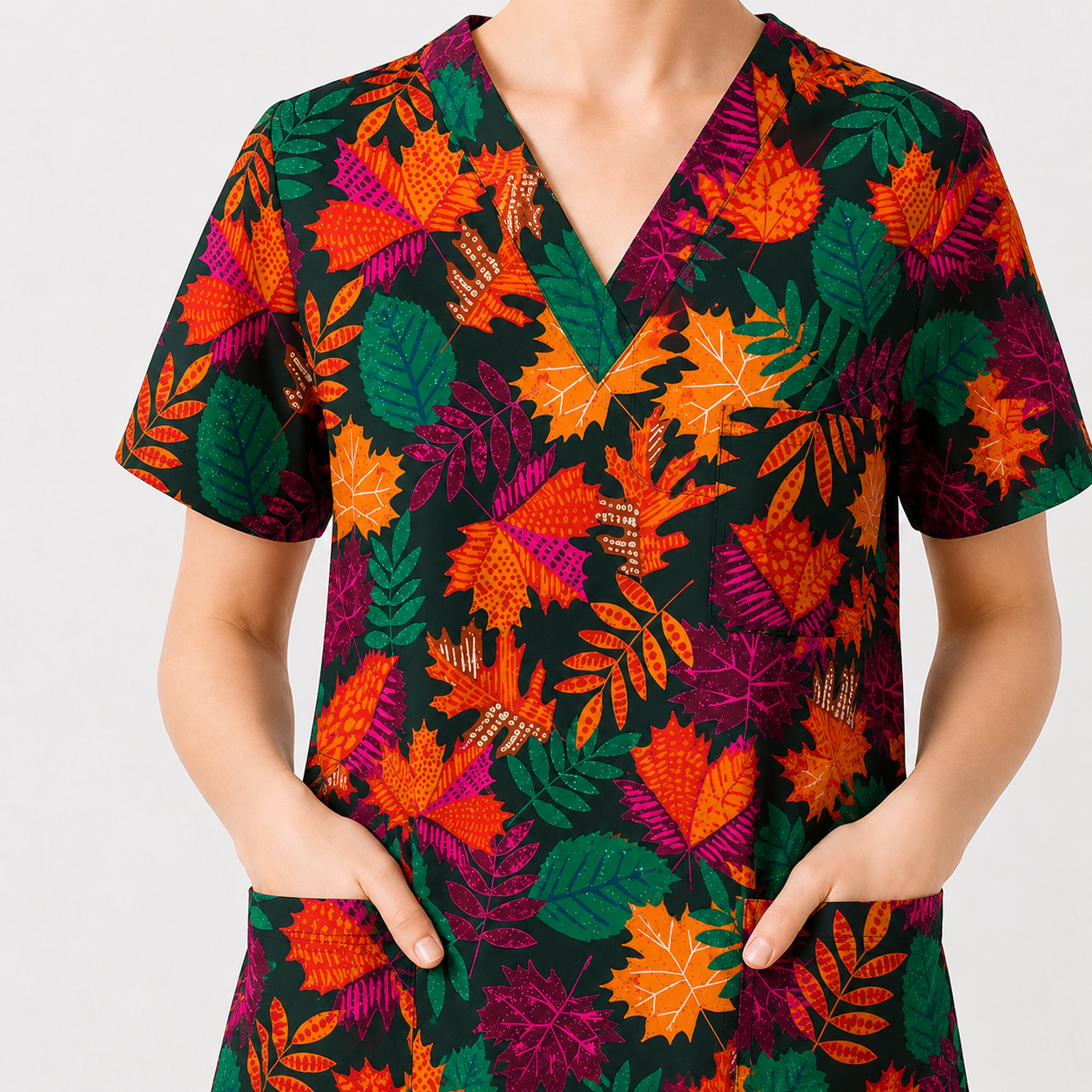 Autumn Leaves Scrub Top for Women, Colorful Fall Foliage Nursing Uniform, Breathable Autumn Medical Scrub Shirt