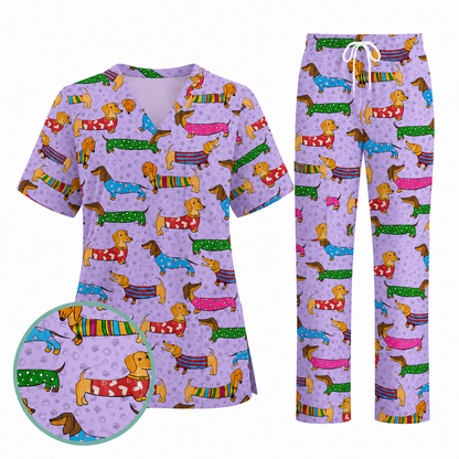 Dachshund Dog Scrub Top, Funny Wiener Dog Scrubs For Nursing, RN LPN CNA Healthcare Workers Gift