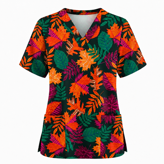Autumn Leaves Scrub Top for Women, Colorful Fall Foliage Nursing Uniform, Breathable Autumn Medical Scrub Shirt