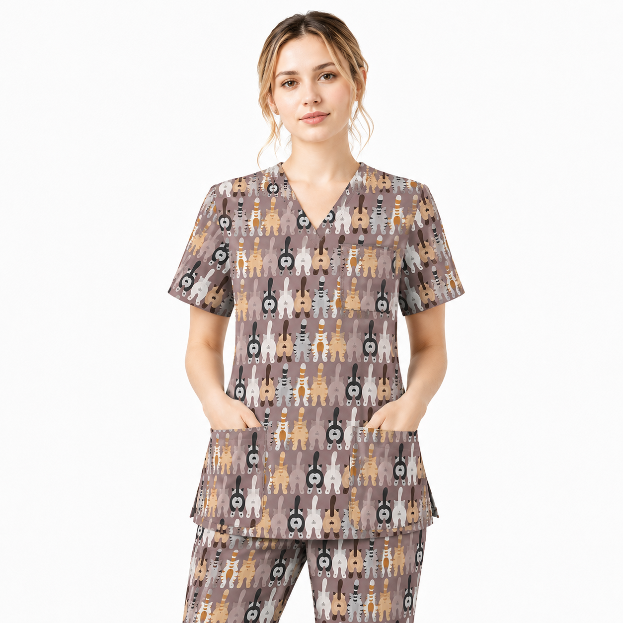 Funny Cat Nursing Shirt, Cute Cat Butt Pattern Scrub Top, Comfortable Scrubs For Nurses
