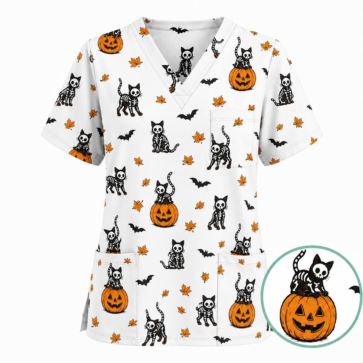 Skeleton Cat Pattern Scrub Set, Scrub Pants and V Neck Top, Breathable Fabrics Nursing Uniform