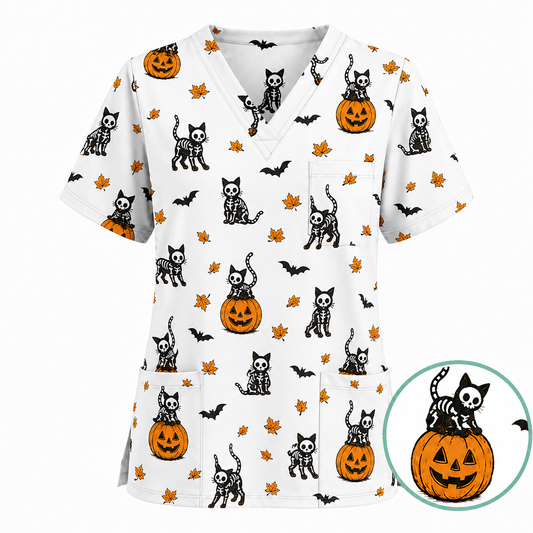 Skeleton Cat Pattern Scrub Set, Scrub Pants and V Neck Top, Breathable Fabrics Nursing Uniform