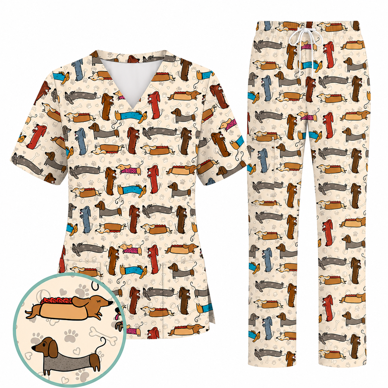 Cute Dachshund Scrub Top for Nurses, Funny Wiener Dog Print Medical Uniform Shirt, Sausage Dog Pattern Veterinary Workwear
