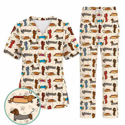 Cute Dachshund Scrub Top for Nurses, Funny Wiener Dog Print Medical Uniform Shirt, Sausage Dog Pattern Veterinary Workwear
