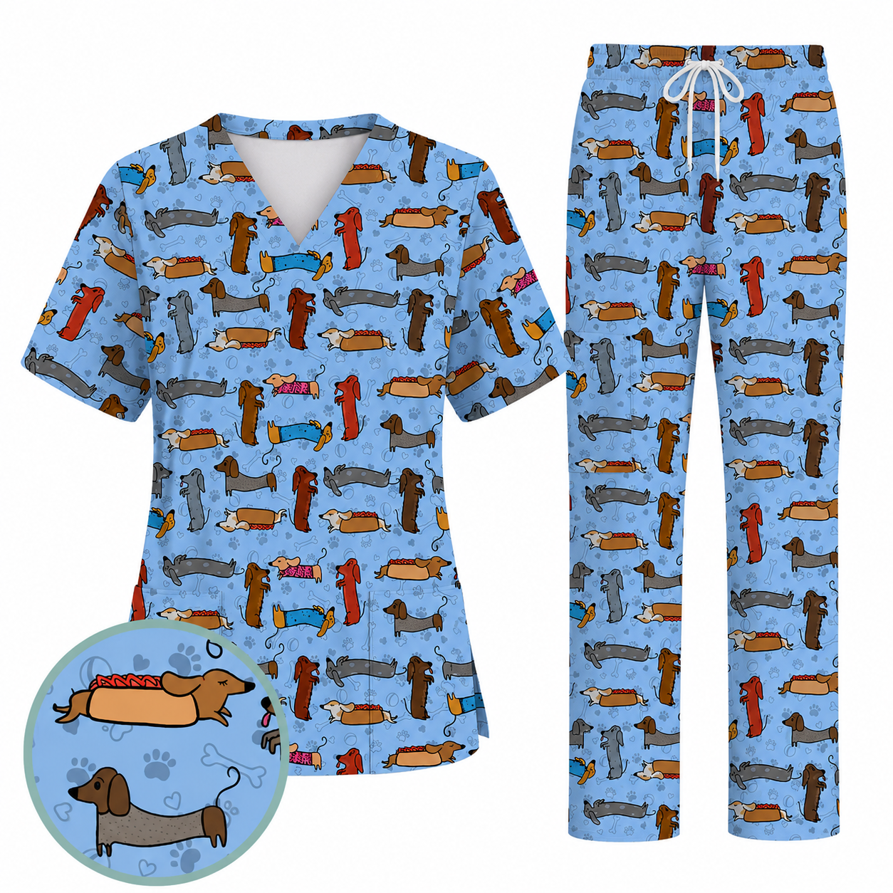 Cute Dachshund Scrub Top for Nurses, Funny Wiener Dog Print Medical Uniform Shirt, Sausage Dog Pattern Veterinary Workwear
