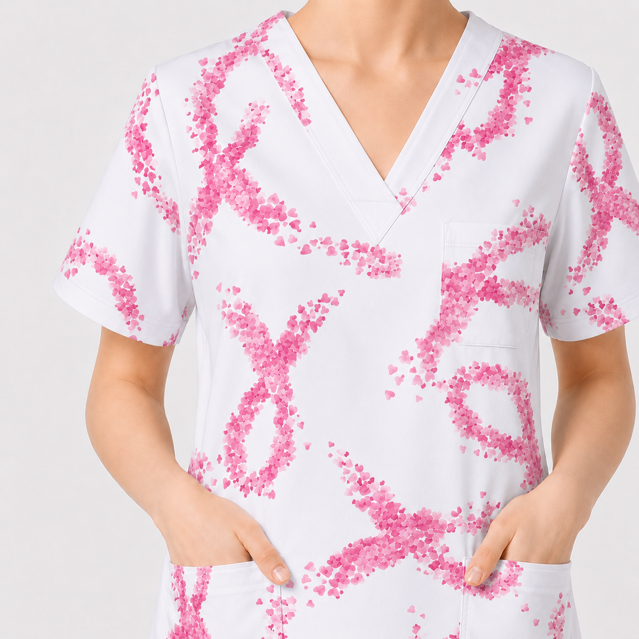 Breast Cancer Nurse Scrub Top, Breast Cancer Medical Pattern Shirt, Breathable Fabrics Nursing Uniform