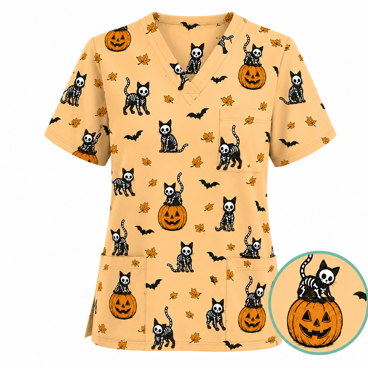 Skeleton Cat Pattern Scrub Set, Scrub Pants and V Neck Top, Breathable Fabrics Nursing Uniform
