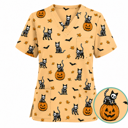 Skeleton Cat Pattern Scrub Set, Scrub Pants and V Neck Top, Breathable Fabrics Nursing Uniform