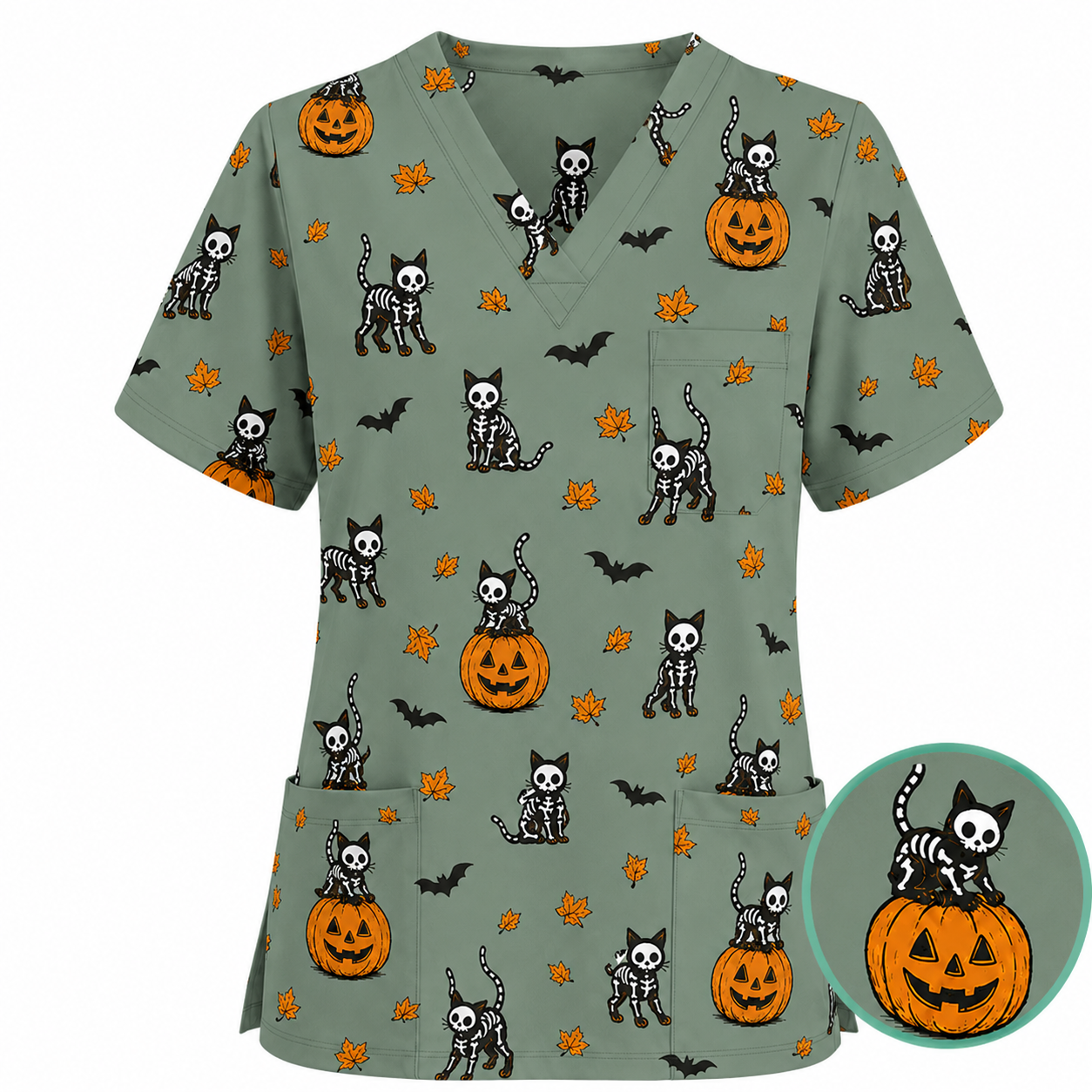 Skeleton Cat Pattern Scrub Set, Scrub Pants and V Neck Top, Breathable Fabrics Nursing Uniform