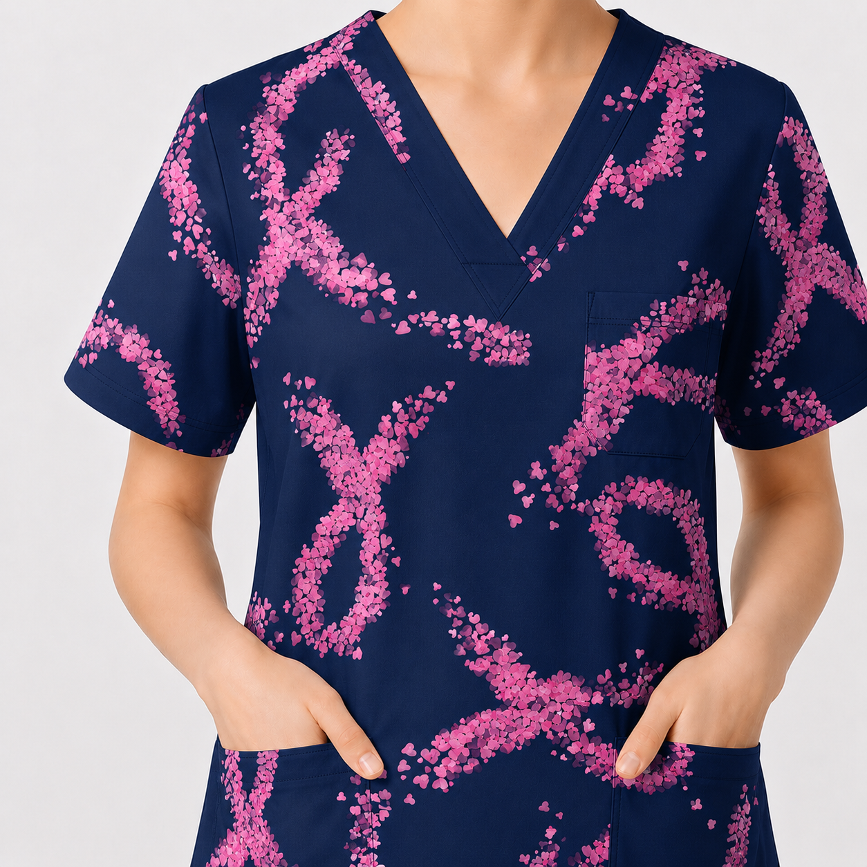 Breast Cancer Nurse Scrub Top, Breast Cancer Medical Pattern Shirt, Breathable Fabrics Nursing Uniform