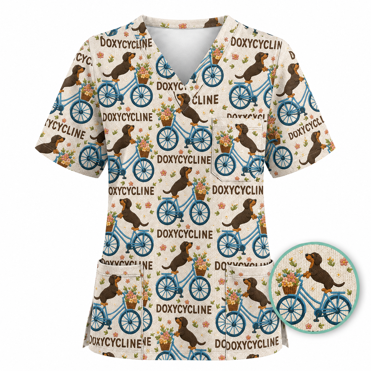Doxycycline Pharmacy Pun Scrub Top, Dachshund on Bicycle Pharmacists Shirt, Veterinary Technicians Gift