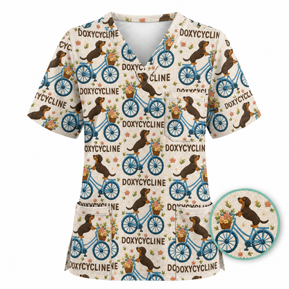 Doxycycline Pharmacy Pun Scrub Top, Dachshund on Bicycle Pharmacists Shirt, Veterinary Technicians Gift