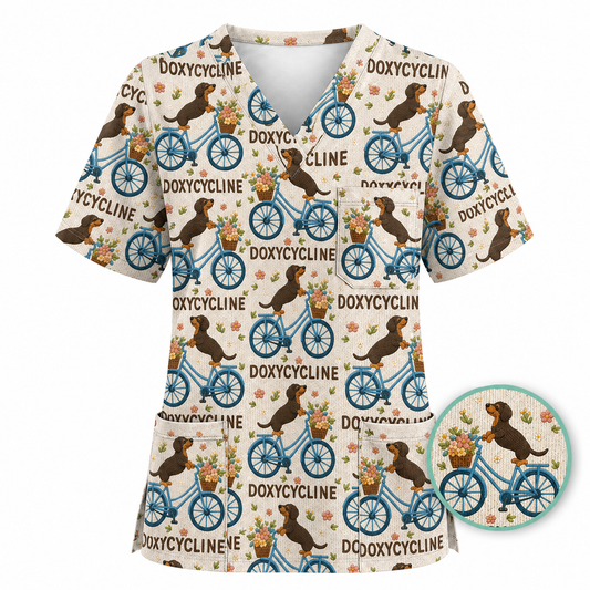 Doxycycline Pharmacy Pun Scrub Top, Dachshund on Bicycle Pharmacists Shirt, Veterinary Technicians Gift