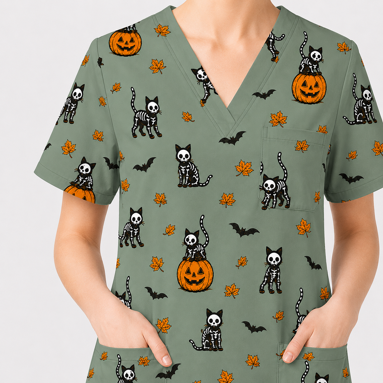 Skeleton Cat Pattern Scrub Set, Scrub Pants and V Neck Top, Breathable Fabrics Nursing Uniform
