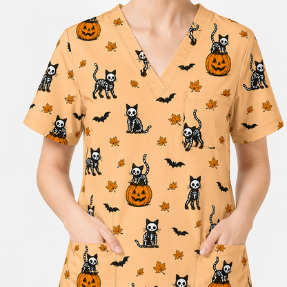 Skeleton Cat Pattern Scrub Set, Scrub Pants and V Neck Top, Breathable Fabrics Nursing Uniform