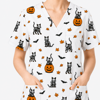 Skeleton Cat Pattern Scrub Set, Scrub Pants and V Neck Top, Breathable Fabrics Nursing Uniform