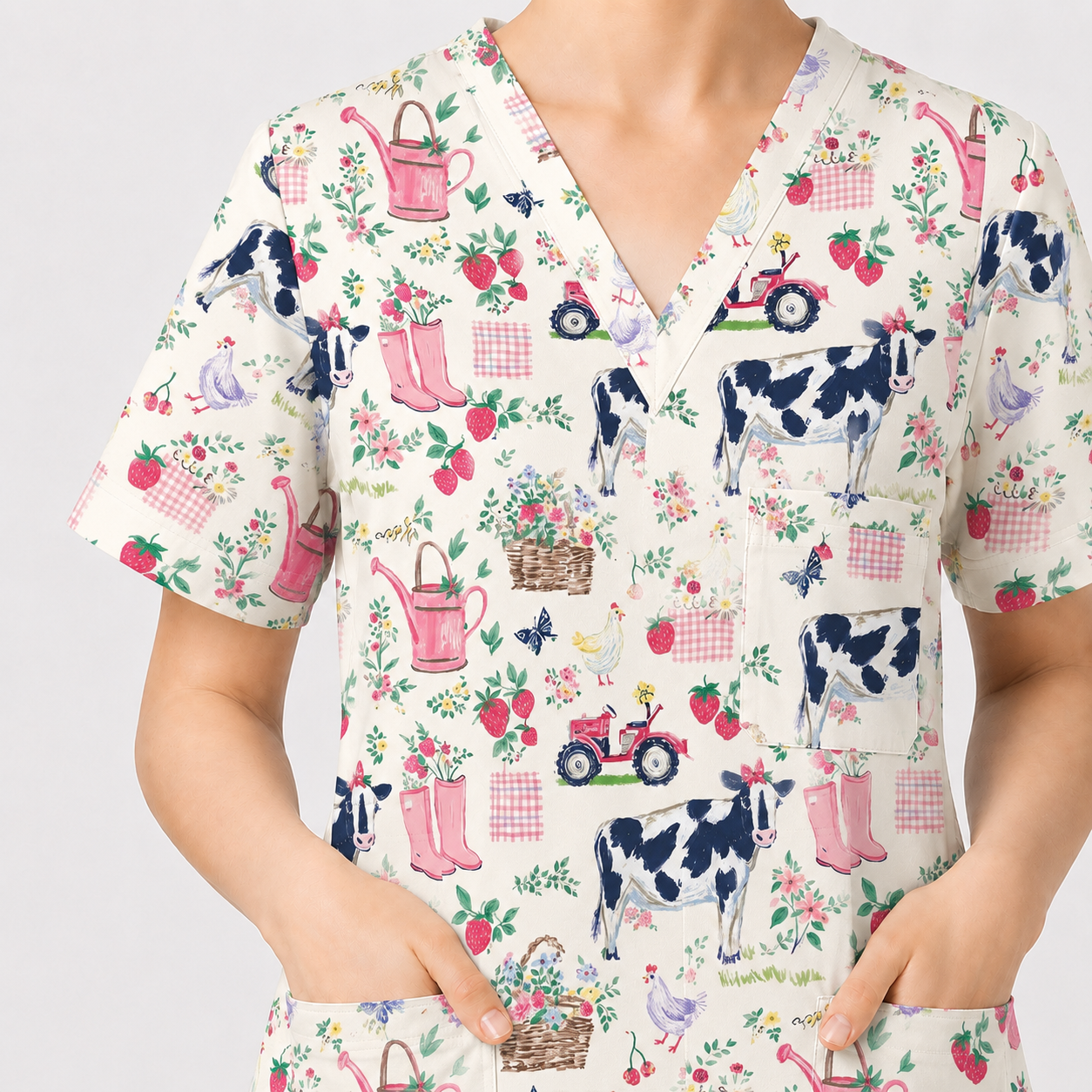 Farm Fresh Scrub Top for Women, Vintage Farm Animals Nursing Uniform, Breathable Medical Scrub Shirt