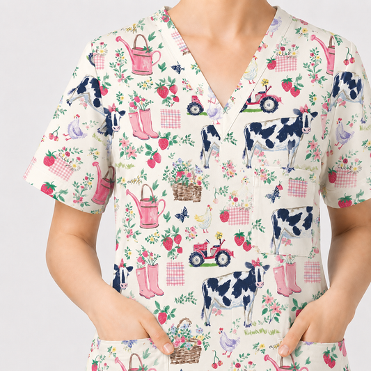 Farm Fresh Scrub Top for Women, Vintage Farm Animals Nursing Uniform, Breathable Medical Scrub Shirt