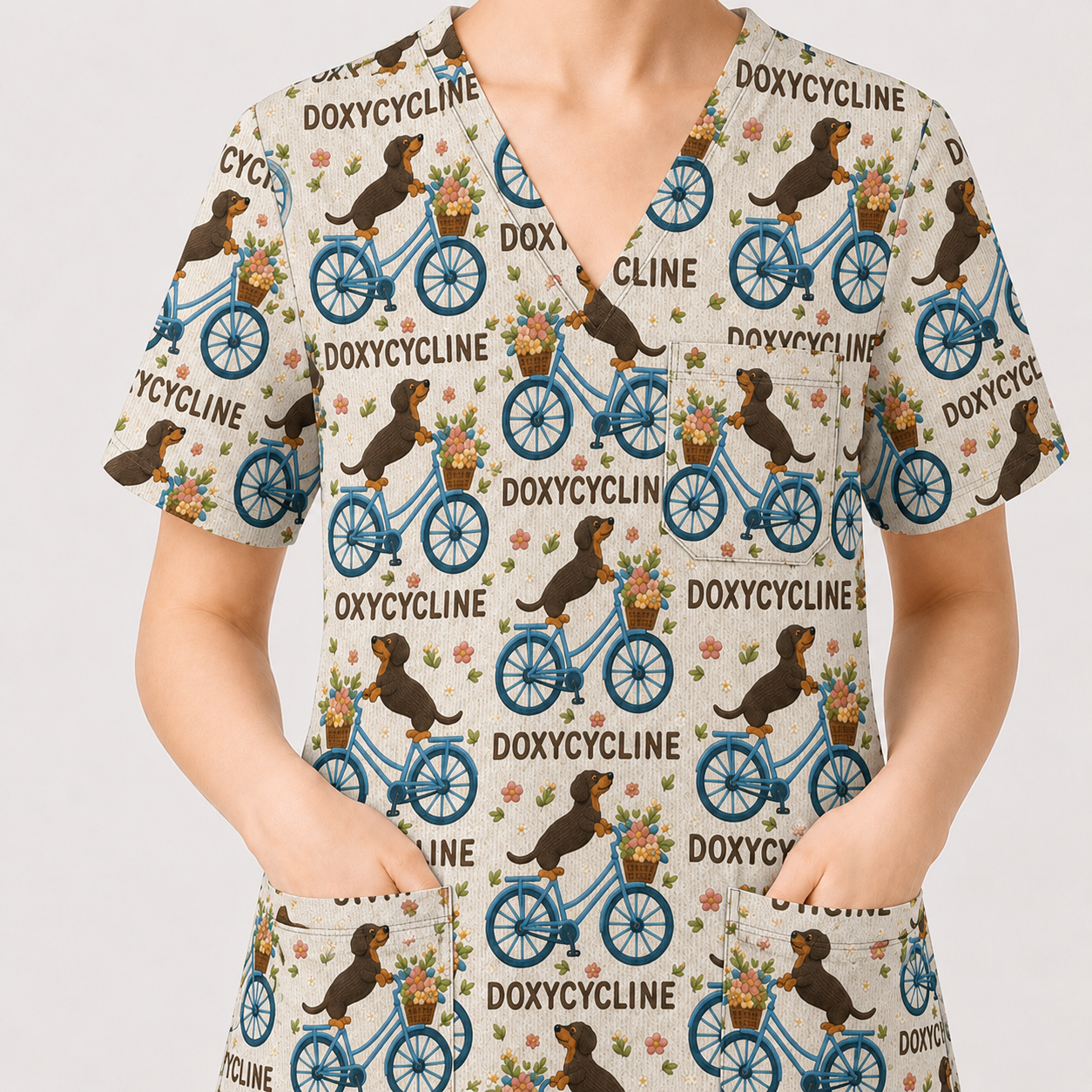 Doxycycline Pharmacy Pun Scrub Top, Dachshund on Bicycle Pharmacists Shirt, Veterinary Technicians Gift