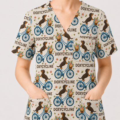 Doxycycline Pharmacy Pun Scrub Top, Dachshund on Bicycle Pharmacists Shirt, Veterinary Technicians Gift