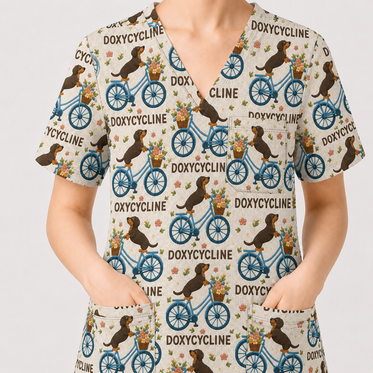 Doxycycline Pharmacy Pun Scrub Top, Dachshund on Bicycle Pharmacists Shirt, Veterinary Technicians Gift