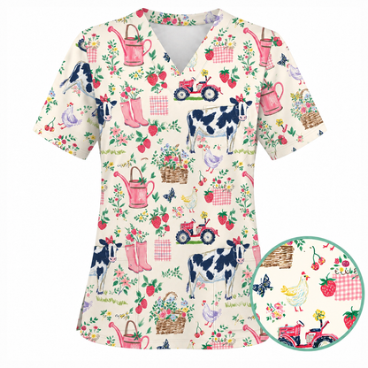 Farm Fresh Scrub Top for Women, Vintage Farm Animals Nursing Uniform, Breathable Medical Scrub Shirt