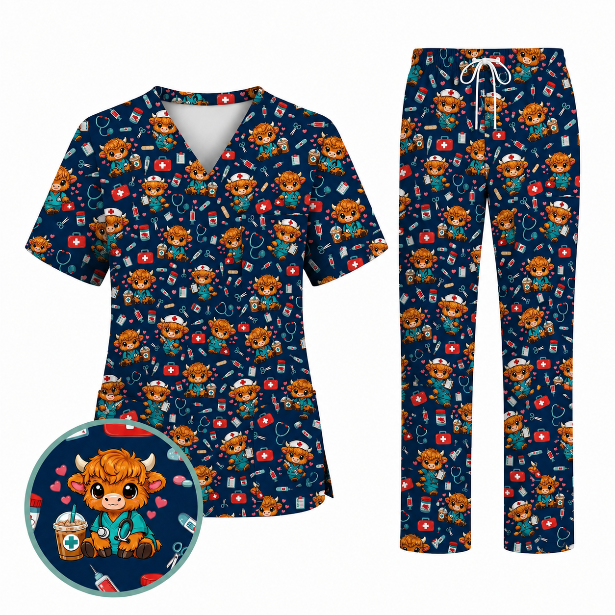 Cute Highland Cow Nurse Scrub Top, Kawaii Medical Pattern Shirt, Breathable Fabrics Nursing Uniform